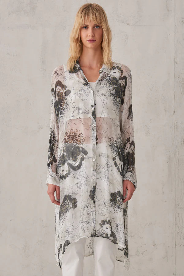 Long oversized shirt in printed viscose crepe