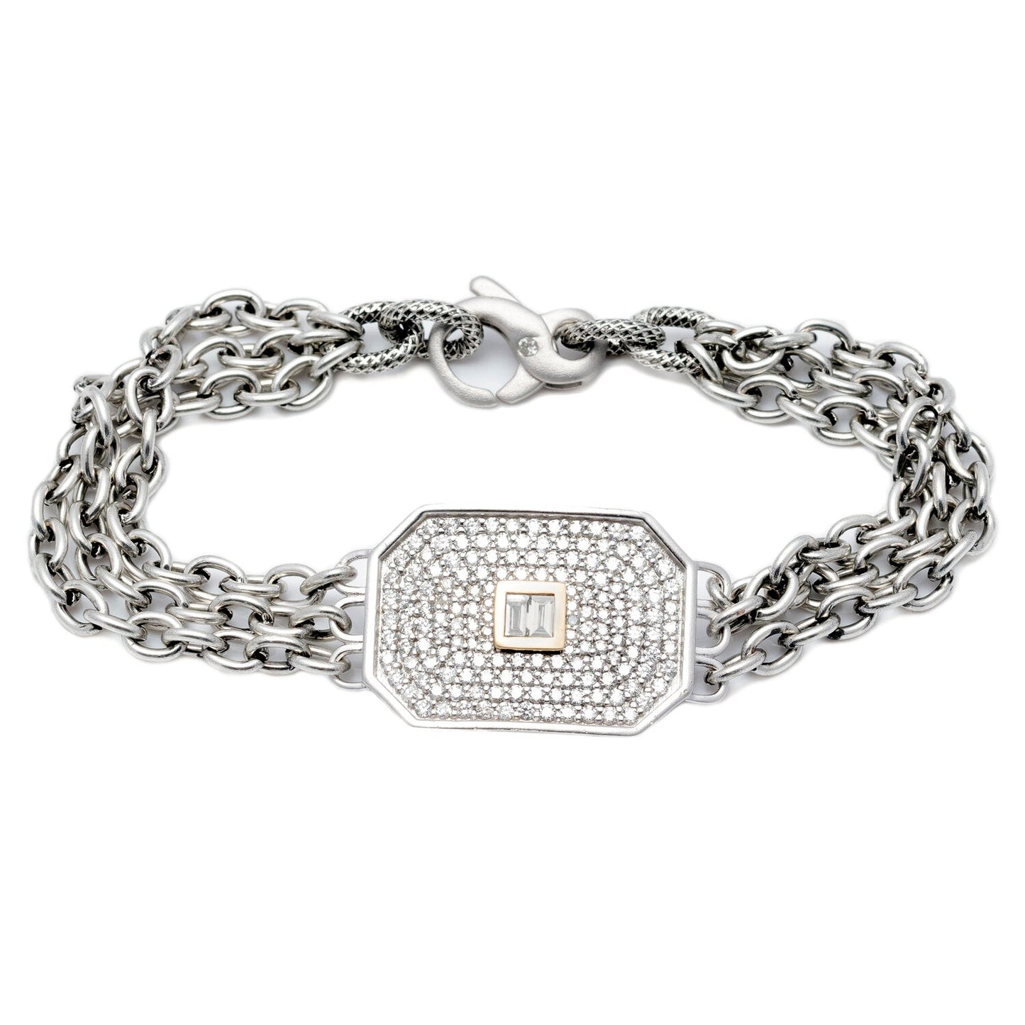 Avalon Pave Bracelet - thegreatputonmvAvalon Pave BraceletAvalon Pave BraceletAvalon Pave BraceletBraceletLizabeththegreatputonmvLGB362 - DThis triple - strand bracelet features a satin - finish, sterling silver, chamfered rectangle covered in diamond pavé and accented by two baguette diamonds bezel - set in 14K yellow gold in the center on our exclusive steel chain. Includes a Liza Beth signature satin finish diamond clasp Dimensions of rectangle: 25 mm x 18 mm Total diamond carat weight: 1.47