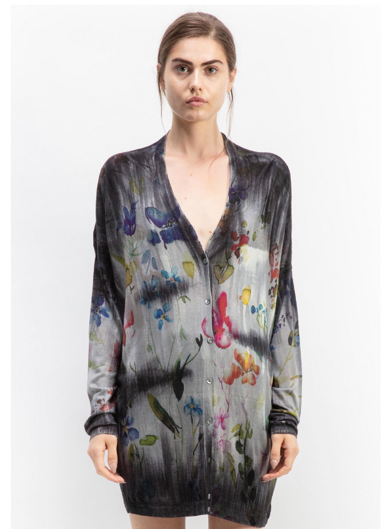 Flower print with brushes v neck long cardigan with back tapestry 100% silk