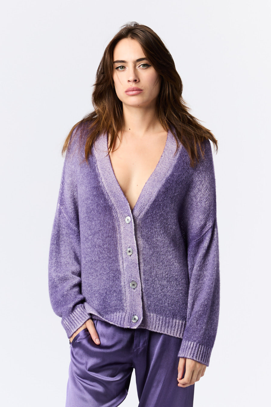 Hand Painted V Neck Cardigan in Brushed Cashmere Silk