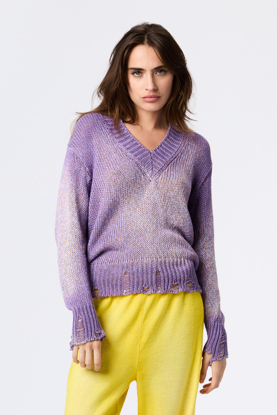 Mouline Cotton V Neck Pullover With Destroyed Edges