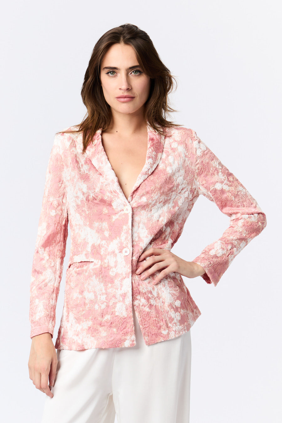 One Color Camouflage Silk Jacket with Floral Embroidery