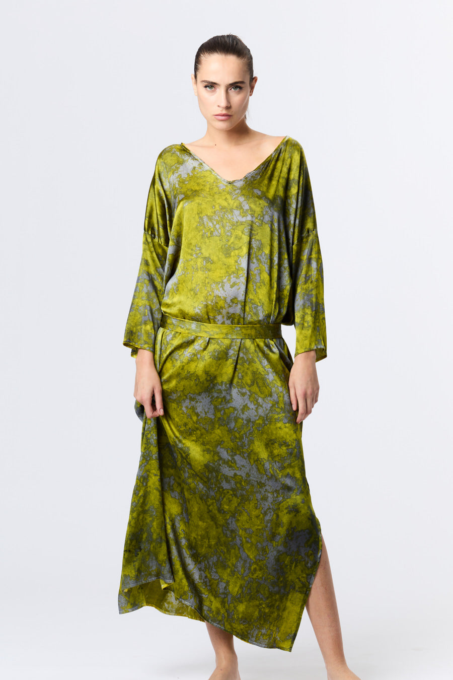 Black Camouflage Silk Dress With Belt