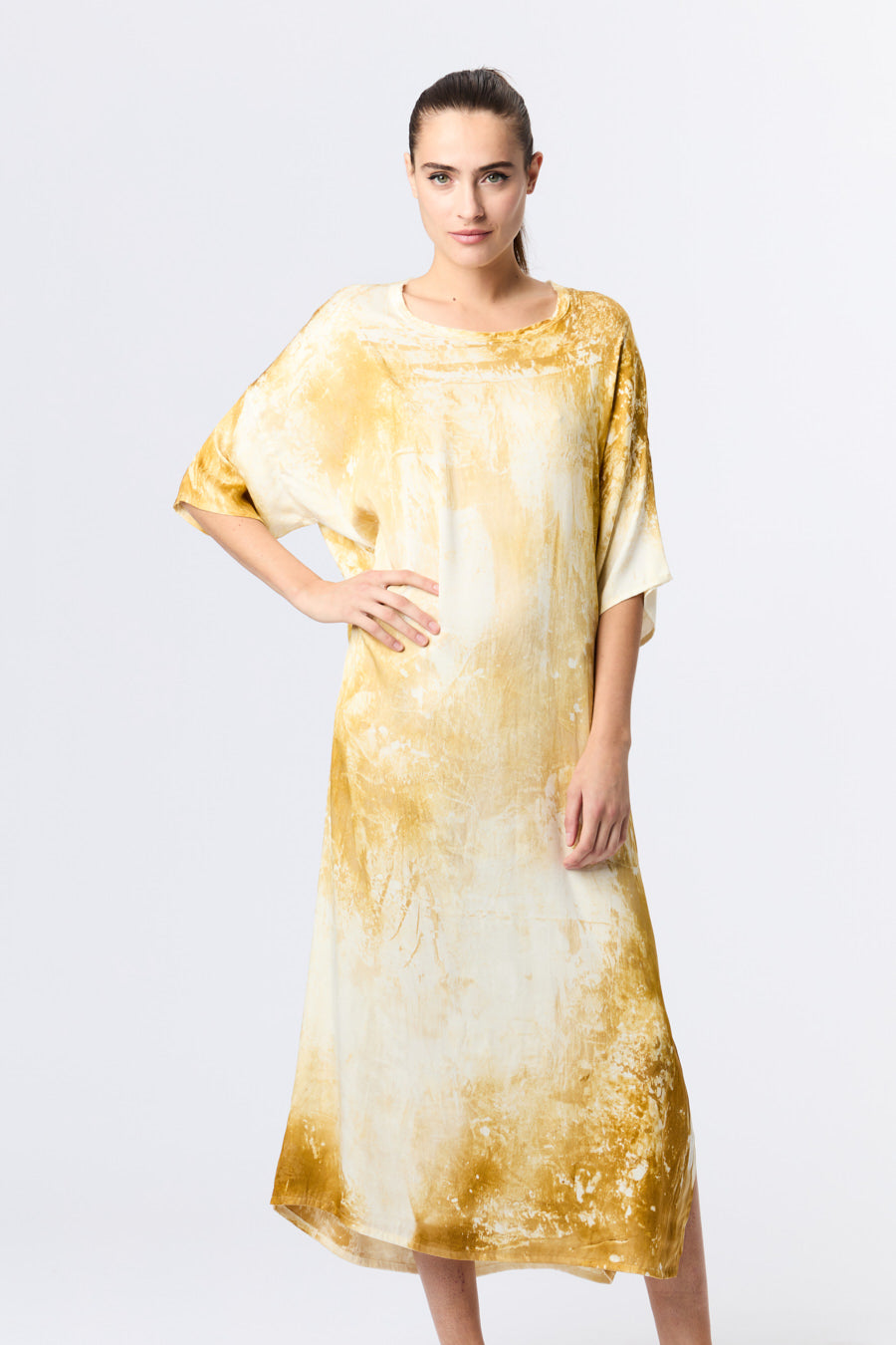 Marmo Effect Round Neck Silk Long Dress