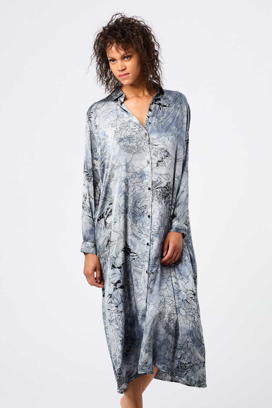 3 Color Camouflage Dress in B&W Peonies Silk