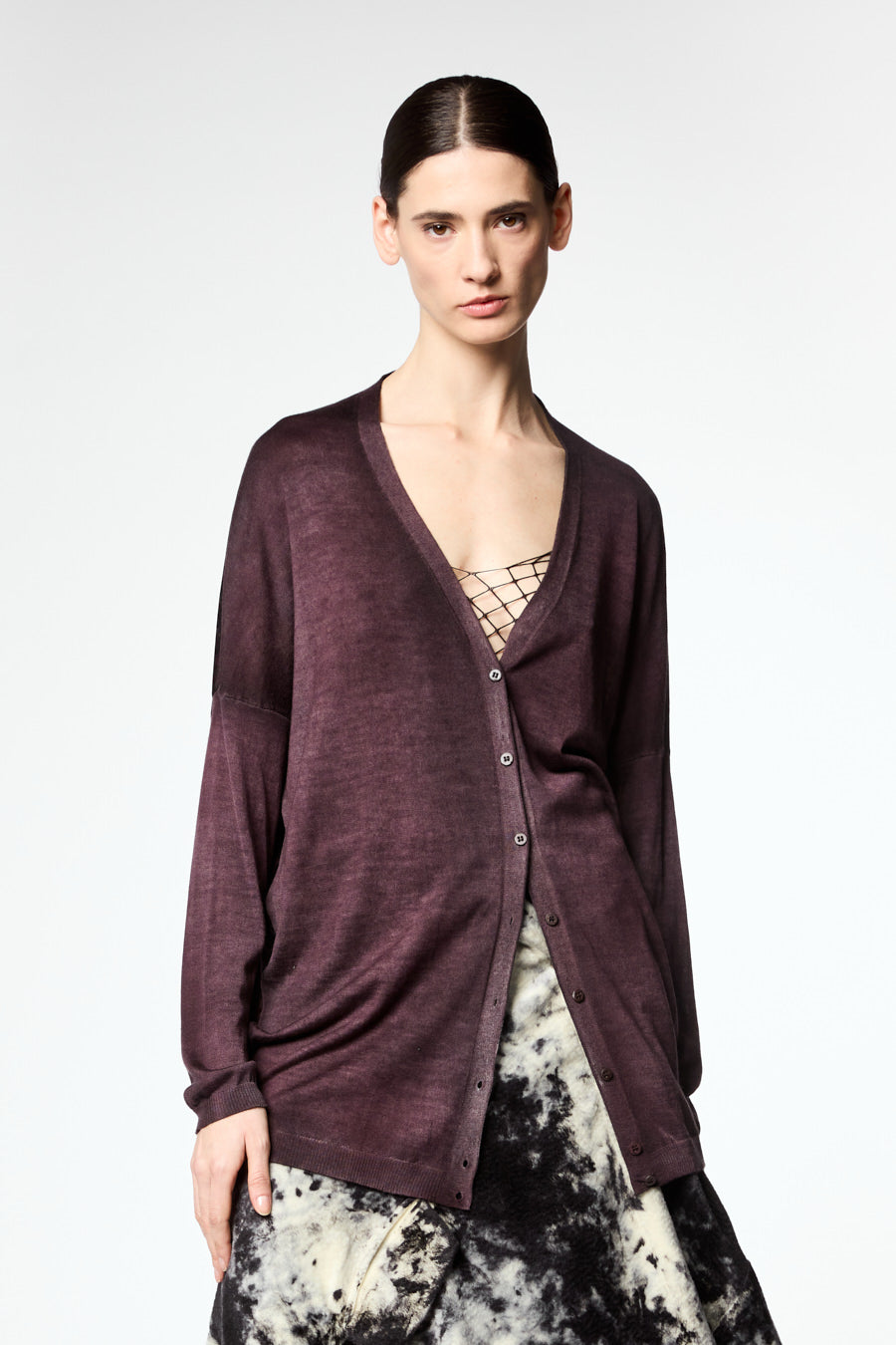 V Neck Cardigan with Dark Flowers Silk on Back
