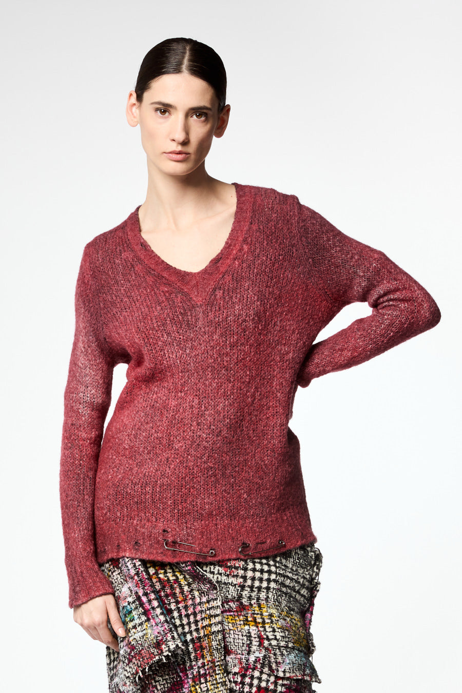 V Neck Brushed Bio Cotton Blend Pullover with Destroyed Edges