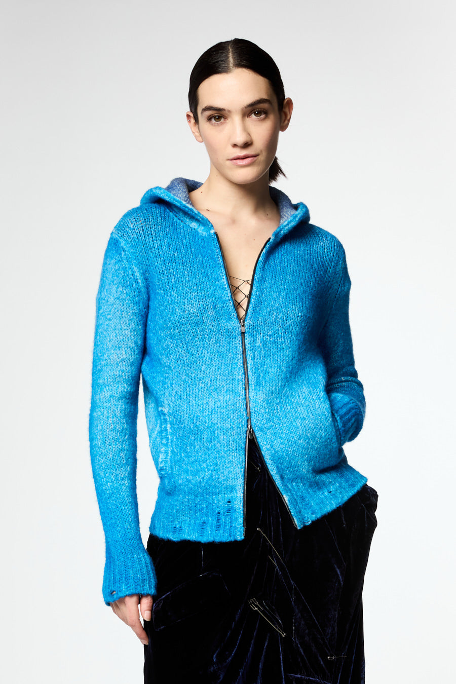 Bicolor Hooded Brushed Bio Cotton Blend Cardigan with Destroyed Edges