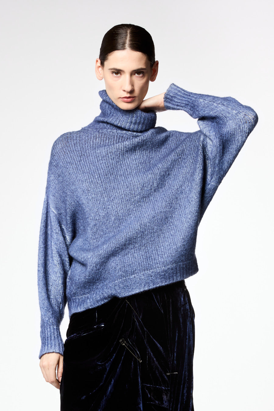 Bicolor High Neck Brushed Bio Cotton Blend Pullover
