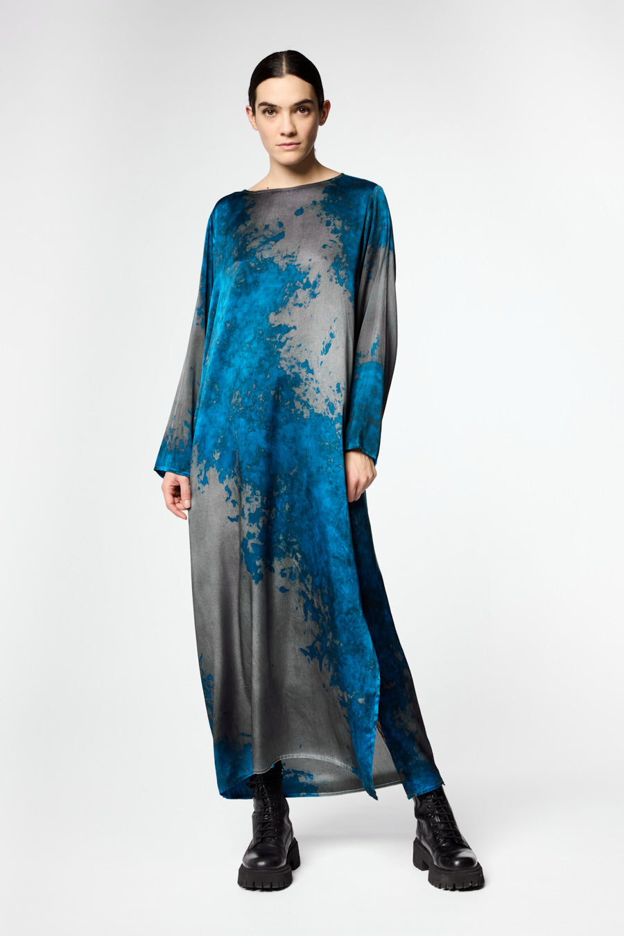 Black Spot Effect Long Sleeve Silk Dress