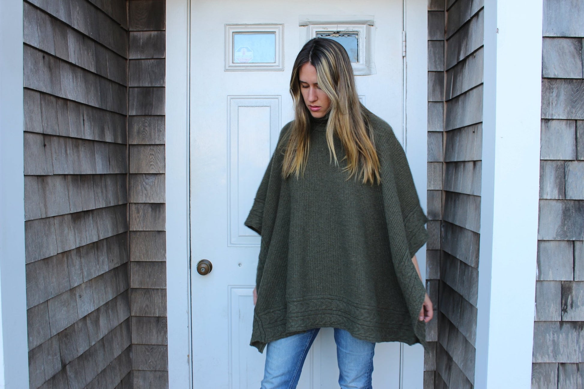 Braided Poncho - thegreatputonmvBraided PonchoBraided PonchoBraided PonchoSweaterGretchen Nealthegreatputonmv105428Braided poncho pullover sweater One size 100% cashmere Made in ItalyGreen36634553