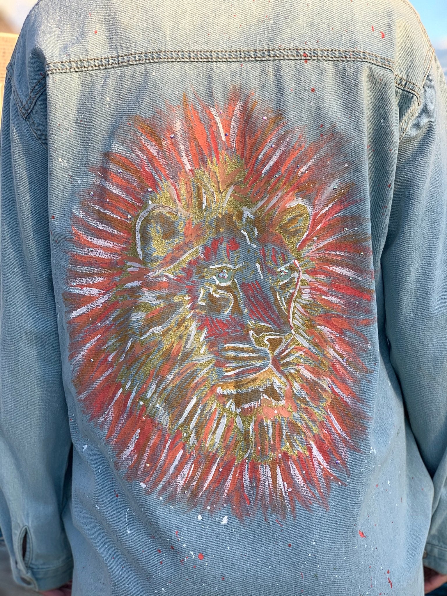 Erika - thegreatputonmvErikaErikaErikafinal sale dressErika JanethegreatputonmvHandmade one of a kind denim jacket. Reclaimed and repurposed. Hand painted Lion Swarovski crystals Vibrant Colorful Texture31819193