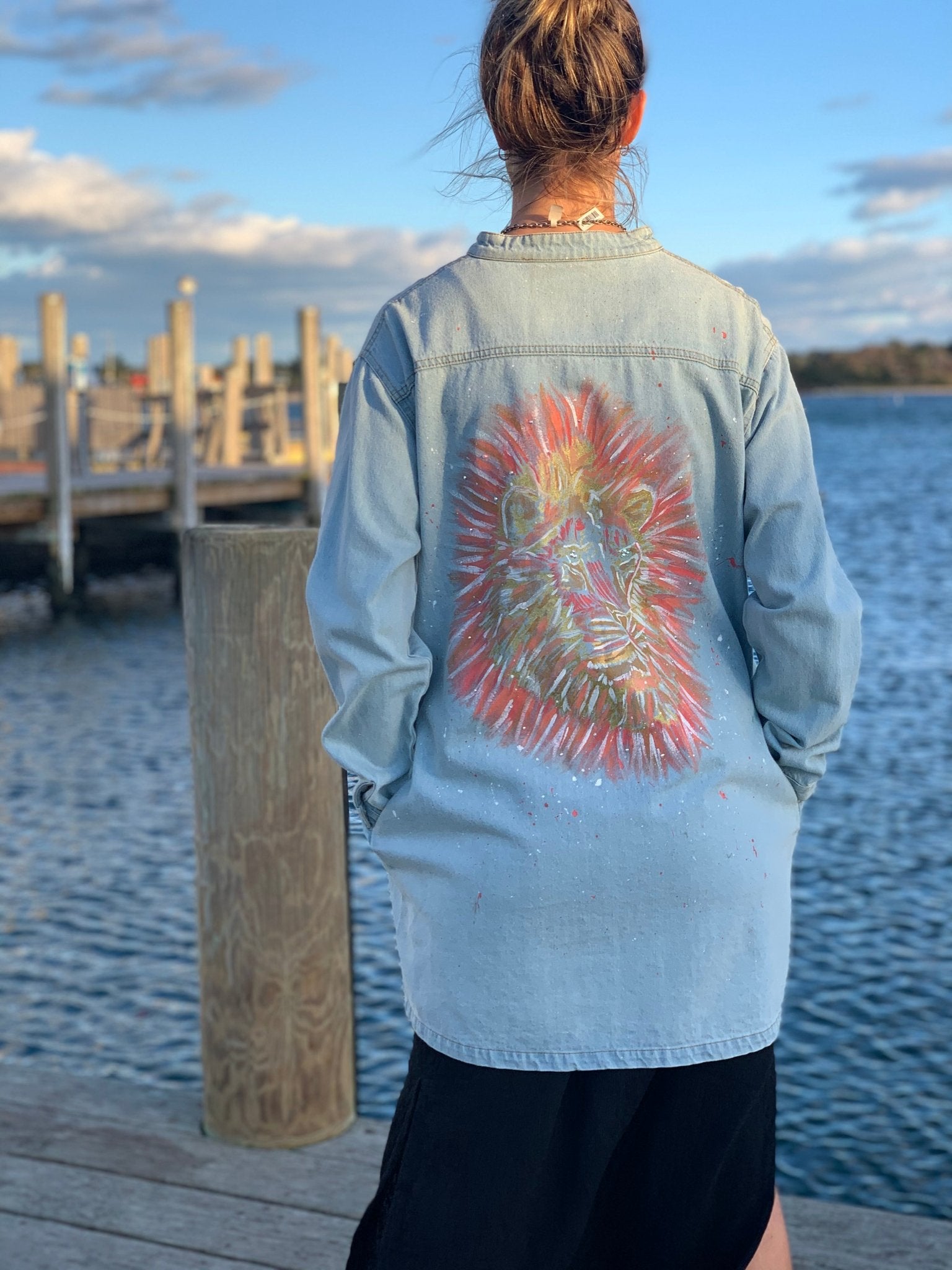 Erika - thegreatputonmvErikaErikaErikafinal sale dressErika JanethegreatputonmvHandmade one of a kind denim jacket. Reclaimed and repurposed. Hand painted Lion Swarovski crystals Vibrant Colorful Texture31819193