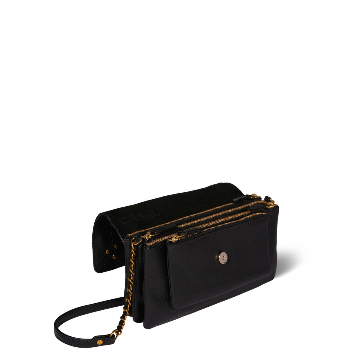 Dimensions: 24 x 15 x 5 CM Size bag wand shoulder or crossed Strap chain and leather, adjustable from 115 CM (maximum) Rabat with snap closure Multi pockets Zipped Card slots Logo embossed on the front The famous small metal rivets signing Bag 90% Calf 10% Goat / Lining 100% Cotton