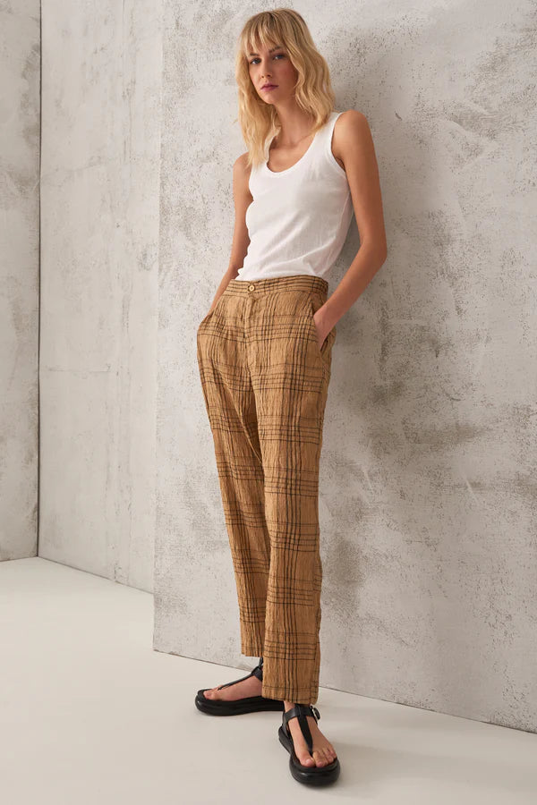 Checked comfort-fit trousers in embossed linen-cotton blend fabric