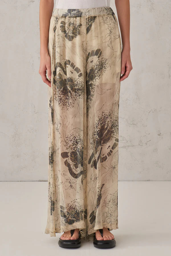 Printed viscose crepe trousers with elastic waistband and coulotte lining