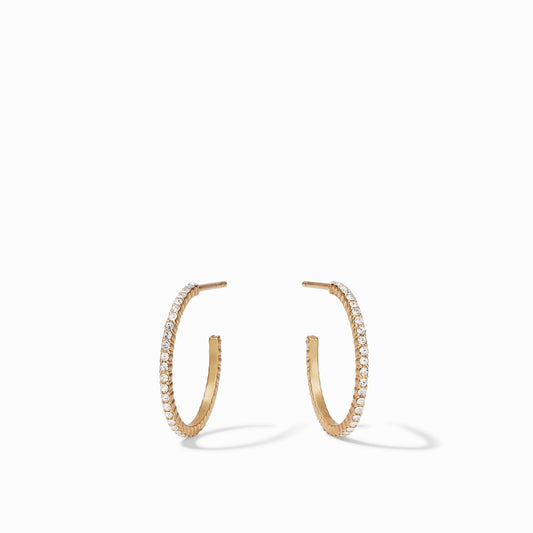 Sparkle and shine in a pair of striking CZ hoop earrings adorned with pavé CZ. These slender, thin hoops are available in four different sizes.