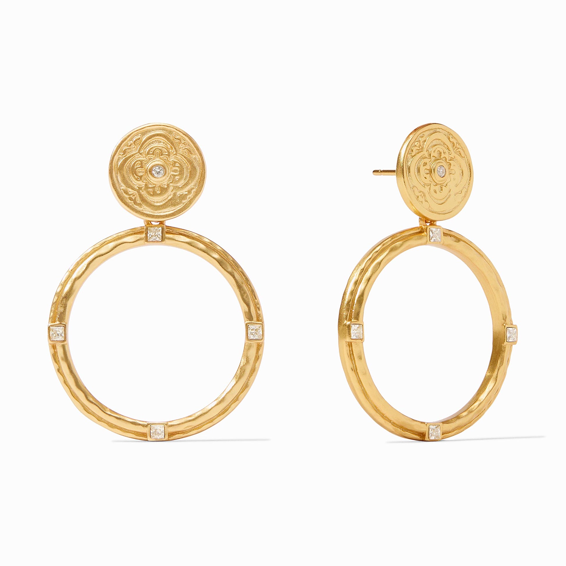 Astor Statement Earring - thegreatputonmvAstor Statement EarringAstor Statement EarringAstor Statement EarringEarringsJulie VosthegreatputonmvER828GCZ00This statement earring features bas relief golden quatrefoil coins above a lightly hammered orbital drop with four princess cut CZs.GoldOS27688583