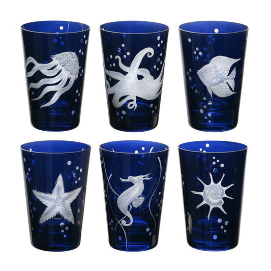 Sea Life Collection Set 6 Tumbler Glasses - thegreatputonmvSea Life Collection Set 6 Tumbler GlassesSea Life Collection Set 6 Tumbler GlassesSea Life Collection Set 6 Tumbler GlassesGlassArtelthegreatputonmvG - 208 - SLS - 6 - INFor those seeking a more formal variation of our FRUTTI DI MARE collection, our popular SEA LIFE collection consists of six delightfully stylized sea creature motifs that are available either individually or in sets. This all - purpose glass is ideal for serving water, j