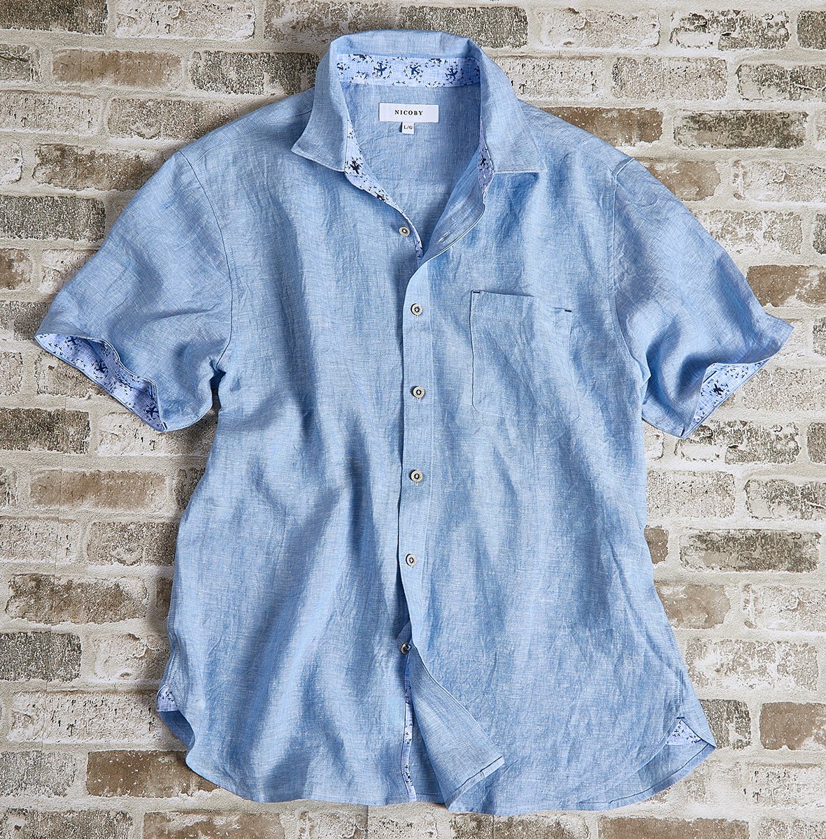 Solid Linen Shirt With Print Trim - thegreatputonmvSolid Linen Shirt With Print TrimSolid Linen Shirt With Print TrimSolid Linen Shirt With Print TrimT - SHIRTNICOBYthegreatputonmvNC26SB450Solid Linen Shirt With Print TrimMBlue