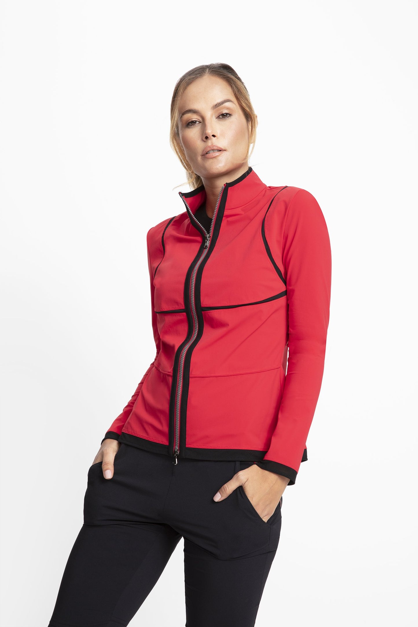 Slim fit High collar that can be worn folded or zipped into a funnel neck Two-way zip front closure Full-length sleeves Side zip pockets at hips Mesh insert detailing at the bodice and shoulder Slightly extended length hits just below the waist Wrinkle-resistant, lightweight, easy to pack Imported Super Jersey: 94% polyester / 6% elastane Imported Honiara: 94% polyester / 6% elastane