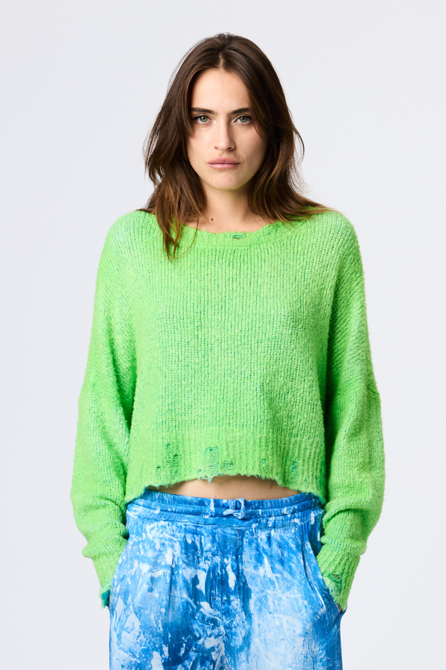 Bicolor Boat Neck Brushed Cotton Pullover with Destroyed Edges