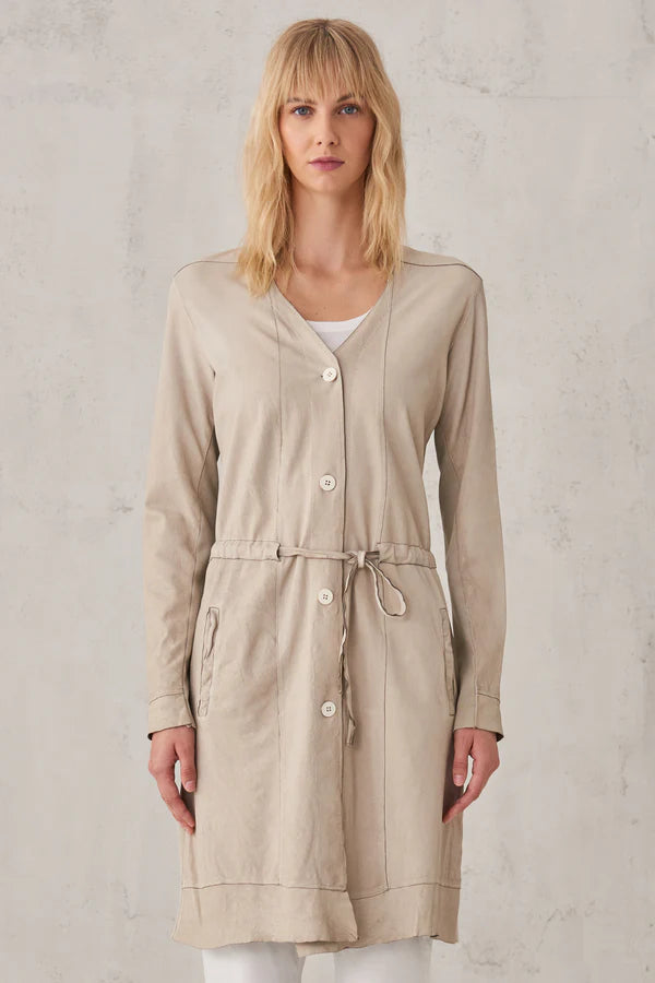 Leather trench coat with knit inserts
